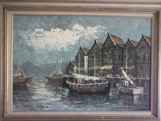 Italian Lanscape Oil Painting Italian Harbor Signed
