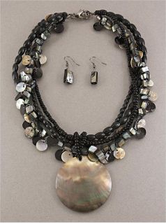 black lucite bead shell natural circle shell pendant necklace earring