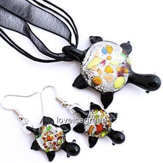 Black Turtle Lampwork Murano Glass Bead Pendant Ribbon Necklace 