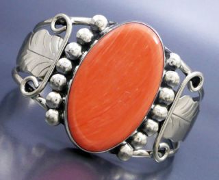 Big Pink Coral Feather Design Cuff Bracelet   Mexican Silver