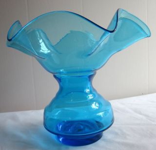 Bischoff Hand Crafted Blue Art Glass Vase Ruffled Scalloped Bulbous W 
