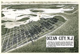City Birds Eye View Map 1903 New Jersey Cape May County Ocean City 