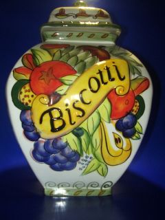   HAND PAINTED CERAMIC BISCOTTI CANISTER WITH LID VIBRANT COLORS LRG