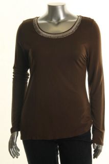 Charter Club New Brown Knit Beaded Scoop Neck Long Sleeves Casual Top 