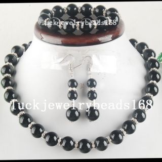 14mm Black Pearl Necklace Bracelet Earrings Set Silver Spacers Man 