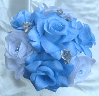 Wedding Bouquet Bridal Silk Flowers Blue Silver White 17pc Package 