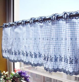   Quality ELegant Blue Gingham with Embroidery Flower Curtain 30*150
