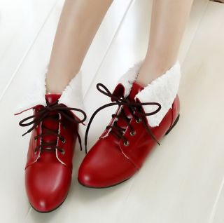 Women Red PU Leather Velvet Inside Warmer Lace Up Ankle Boots Shoes 