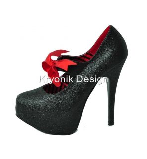 Bordello shoes Teeze 04G black glitter platform pumps heels satin bow 