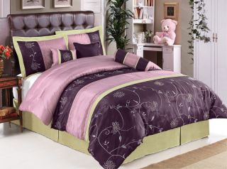 Purple Floral Embroidered 7Pc Comforter Set Queen Size 20453