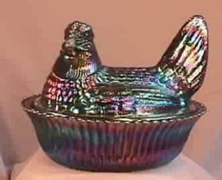 Boyd 5 Hen on Ribbed Nest Blackberry Carnival Glass Chicken Candy Dish