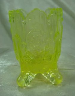 Fan Feather Toothpick Holder Yellow Vaseline Glass