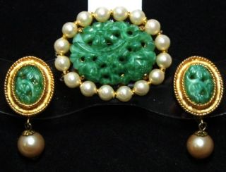 Marvella Green Peking Glass FX Pearl Brooch Adjustable SB Earring Set 