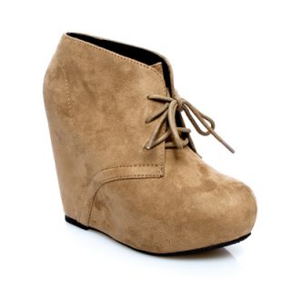 Chic Suede Almond Toe Covered Wedge Platform Heel Lace Up Ankle Boots 