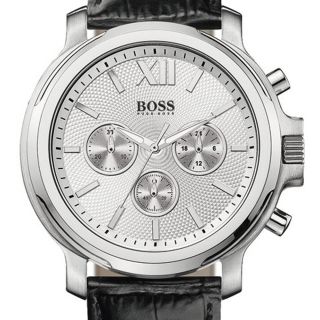  Boss 1502213 Silver Dial Chronograph Black Leather Strap Mens Watch