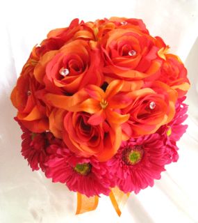 17pc Bridal Bouquet Wedding Flower Orange Fuchsia Daisy