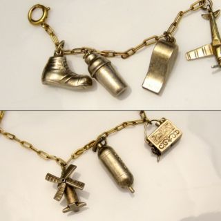 Vintage 1940s Era Charm Bracelet Oblong Links Some Moving Whistle 