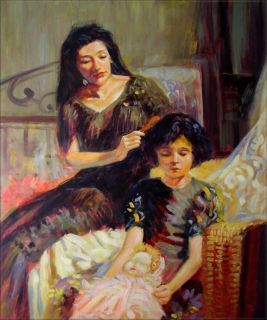   Hand Painted Oil Painting Mother Braiding Her Daughters Hair