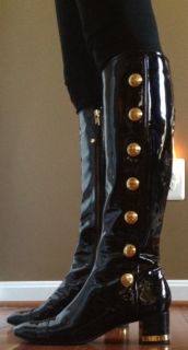 Tory Burch Madison Black Patent Leather Knee High Boots Gold Button 