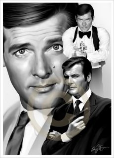   Bond ROGER MOORE 007 Art giclee print b&w LE signed by artist A3 size