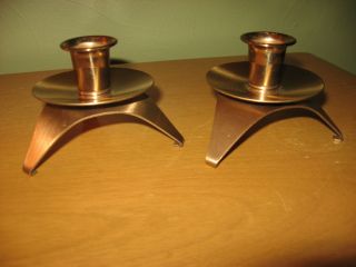 Pair Vintage Atomic Gold Brass Candle Holders