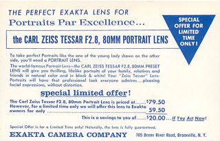   Co Carl Zeiss Tessar Exakta Lens Advertising Card Bronxville NY