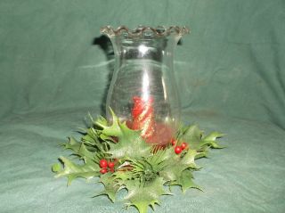 Vintage Glass Shade Christmas Candle with Holly Ring