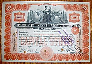 1913 Marconi Wireless Telegraph Co 10 Shares Stock