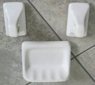 White Ceramic Glazed Tile Soap Dish and Towel Posts for Bath