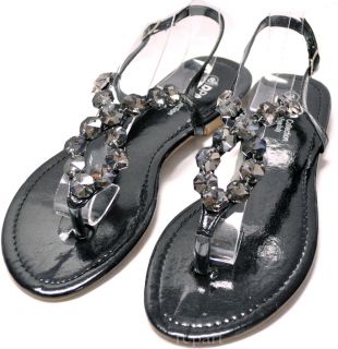 New womens sandals shoes t strap open toe rhinestones black