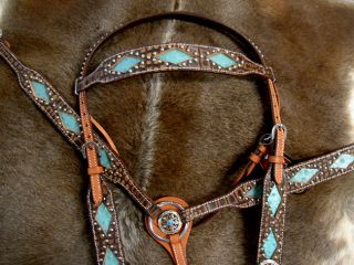 Brown Horse Bridle Breast Collar Western Leather Headstall Turquoise 