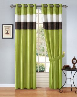 4pcs Faux Silk Green Brown Beige Window Curtain Panel Set w/ White 