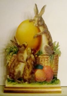 Vtg IMG Easter Decoration 3 Brown Bunnies Colored Eggs