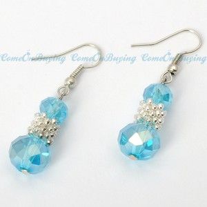 Fashion Silvery Bunch of Beads Azure Crystal Drop Loop Dangle Earrings 