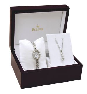 Bulova 96T49 Crystal Dress Watch Necklace Womens Set BS4