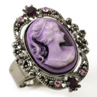 Antique Silver Tone Lavender Purple Cameo Ring Adjustable Size Band 