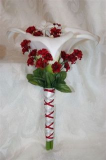 White Calla Lily Apple Red Accent Wedding Bouquet Set