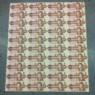 Sheet of Canadian Uncut $2 Two Dollar Paper Money Bills 1986