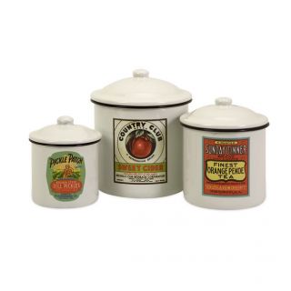VINTAGE COUNTRY CHIC S/3 Vintage Enamel CANISTER SET Kitchen NEW