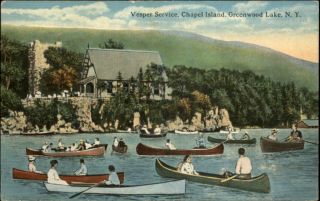   Lake NY Chapel Island Vesper SVC Canoes Canoeing c1910 PC