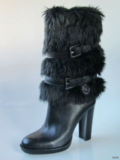 New Michael Kors Carlie Black Fur Strappy Boots Shoes