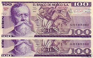 Mexico $100 Pesos Carranza 1981 UNC 2 Consecutive