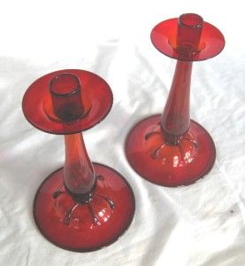 Signed F Carder Steuben Selenium Ruby Hand Blown Crystal Candlesticks 