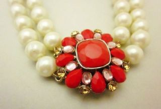 Carolee Glass Pearl Red Flower with Crystal Charm Party Necklace