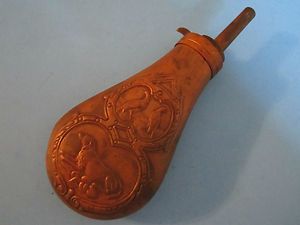 Antique Copper BLACK POWDER FLASK with HUNTING SCENES, Very Good 