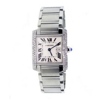 Cartier Ladys Medium Size Date Diamond Tank Francaise Watch Stainless 
