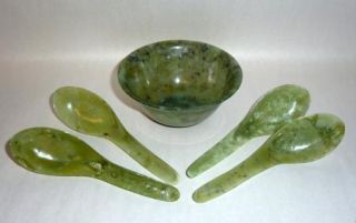   Chinese Eggshell Thin Carved 4 Serpentine Jade Bowl 4 Spoons