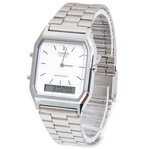 CASIO AQ230A 7D MENS STAINLESS STEEL ANALOG DIGITAL WATCH DUAL TIME 