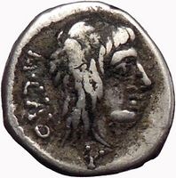 Porcius Cato, Silver Quinarius, Rome, 89BC. Bacchus/Victory.