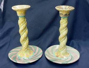    CHILDS MAJOLICA ART POTTERY TAYLOR CAYUGA CANDLESTICKS CANDLE HOLDER